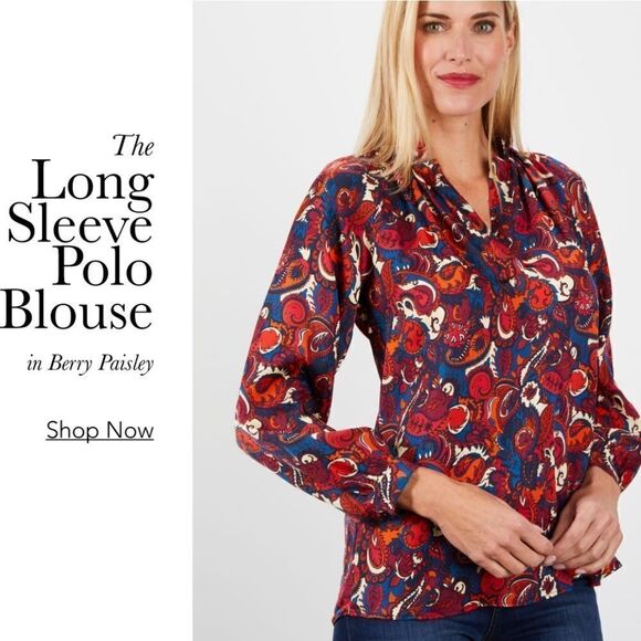 Tucker Tops - Tucker Long Sleeve Polo Blouse Berry Paisley in Stretch Georgette Silk Top